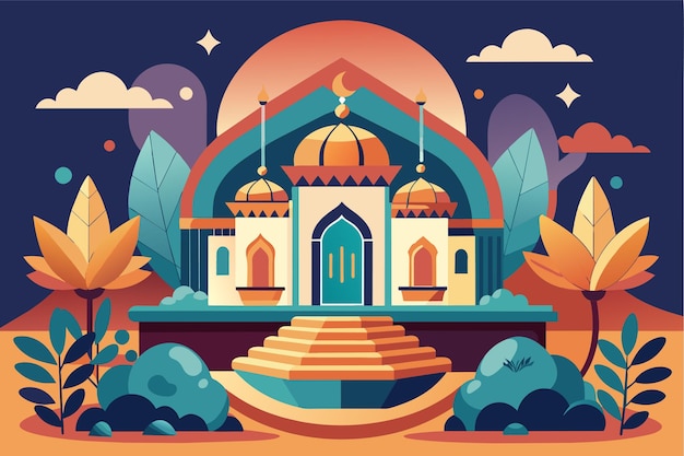 A grand building stands tall with a fountain in front adding elegance to the scene Hammam Customizable Disproportionate Illustration