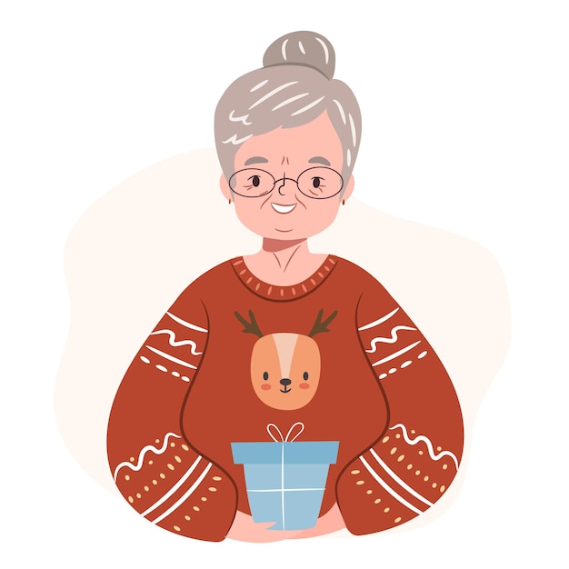 Vector grand mother wearing ugly christmas sweater happy elderly woman holds a present