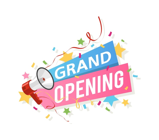 Grand opening banner. Promo flyer with megaphone, ribbons and confetti, big official open ceremony new beginning and startup sticker realistic colorful vector illustration isolated on white background