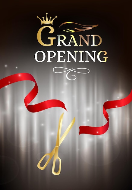 Grand opening banner with cut red ribbon and gold scissors dark vector background with light effect
