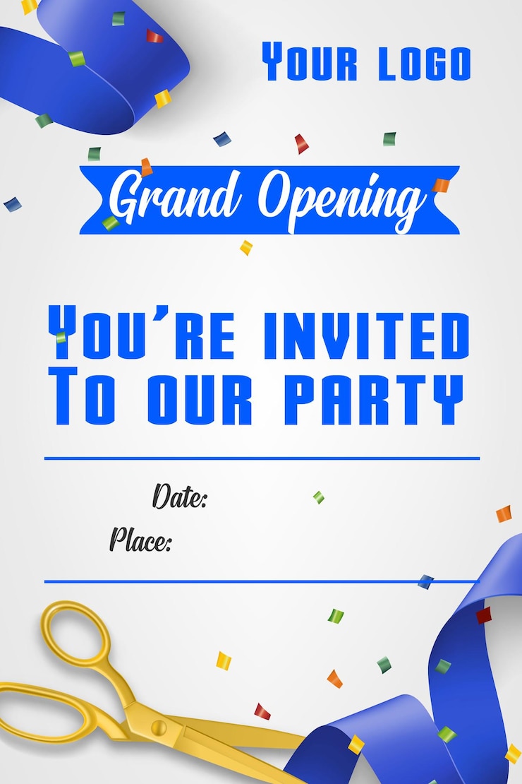 Grand opening card design with red ribbon and colorful confetti