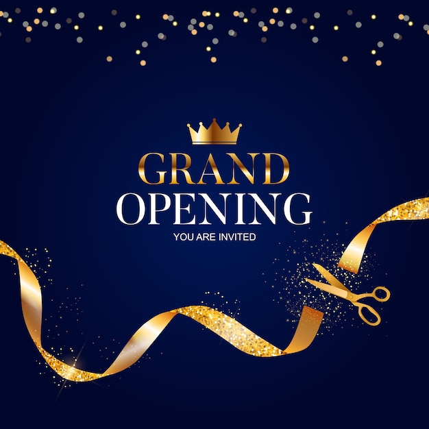 Grand opening card met lint en schaar achtergrond.