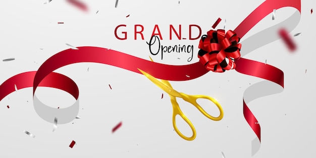 Grand opening card with red ribbon background glitter frame template.