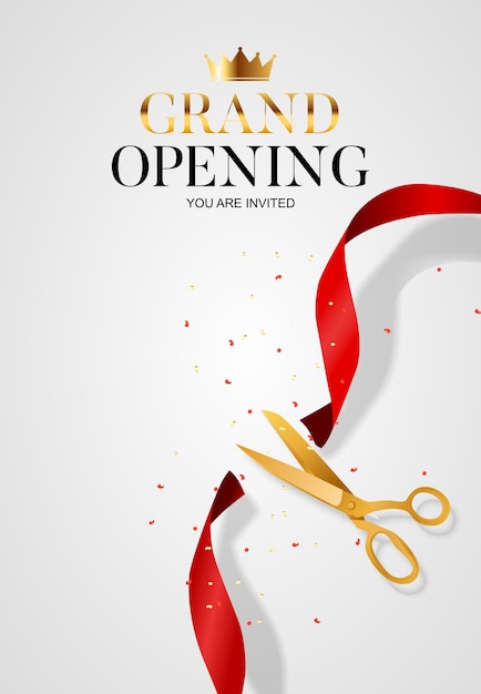 Vector grand opening card with ribbon and scissors