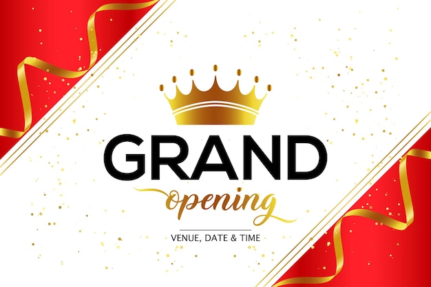 Grand opening celebration background with golden confetti and crown