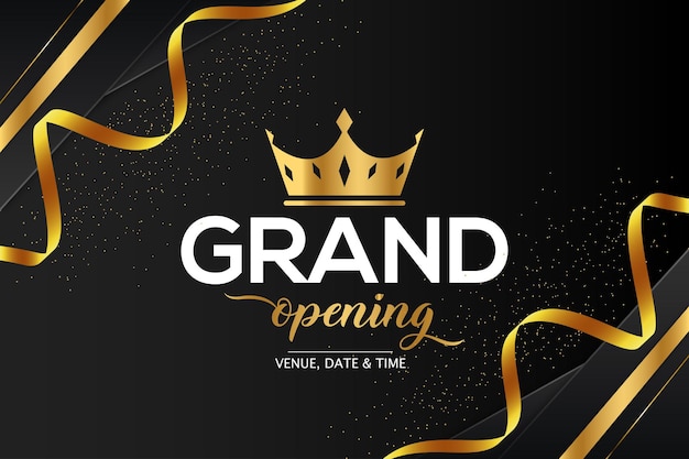 Grand opening celebration background with golden confetti and crown
