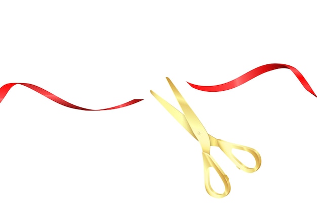 Grand opening ceremony. Golden scissors cut red silk ribbon. Start celebration. Vector realistic illustration isolated on white