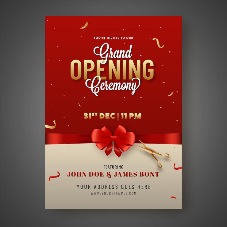 Vector grand opening ceremony invitation card closed with red bow ribbon and golden scissors