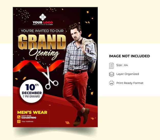 Grand opening ceremony invitation or flyer design, men fashion