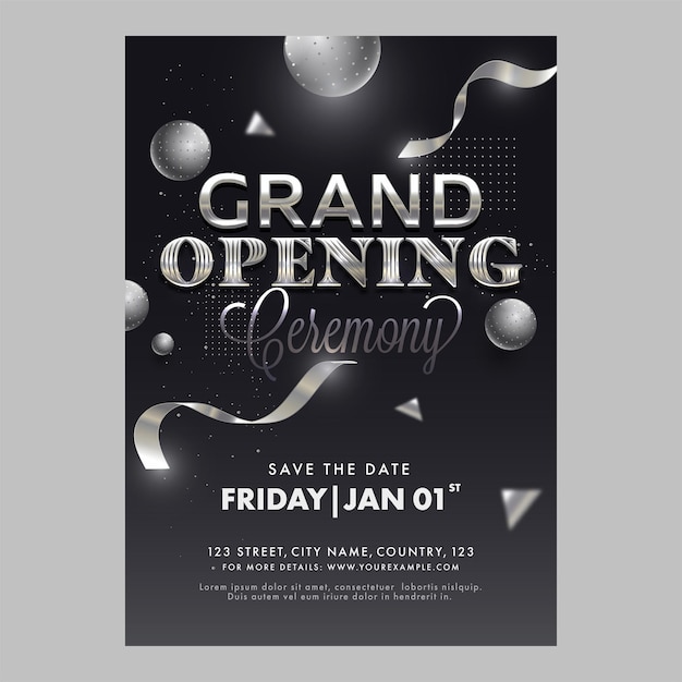 Vector grand opening ceremony template or flyer design with 3d spheres in black color