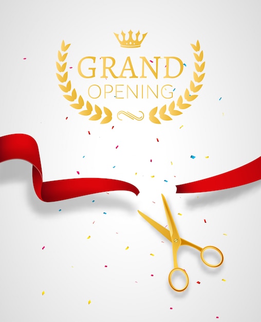 Grand Opening design template with ribbon and scissors. Grand open ribbon cut concept.