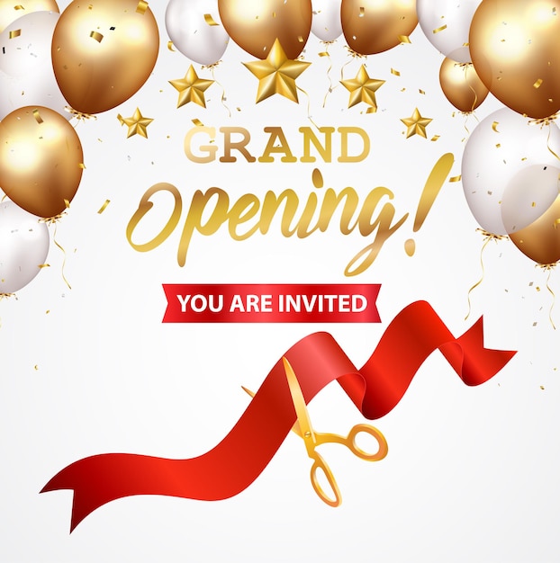 Vector grand opening   design with gold ribbon and confetti