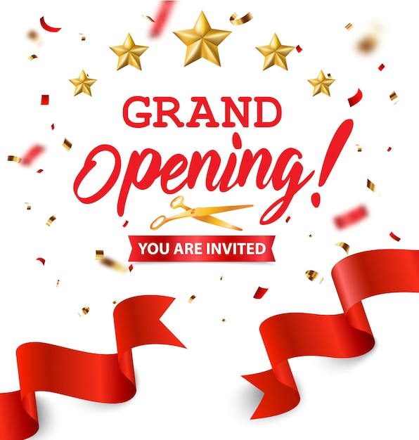 Vector grand opening   design with gold ribbon and confetti