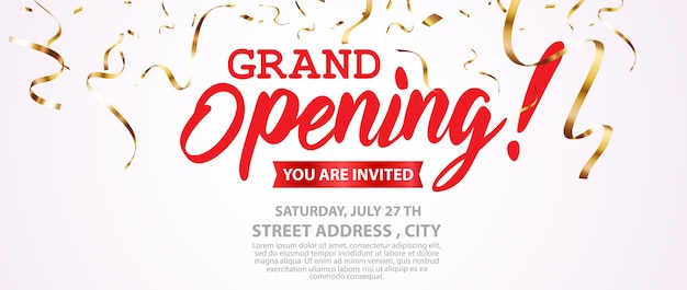 Vector grand opening   design with gold ribbon and confetti