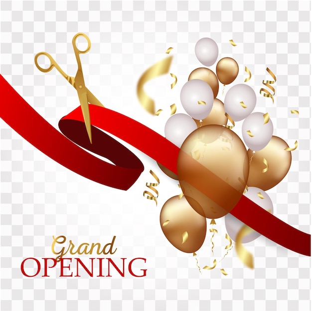 Vector grand opening design with ribbon, balloons and gold scissors, confetti.