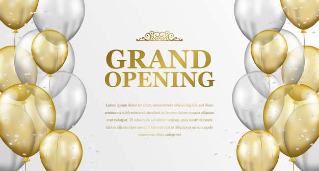 Vector grand opening elegant luxury with flying  golden and silver transparent balloon frame party celebration