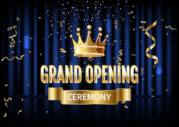 Grand opening Gouden uitnodigingskaart met gouden kroon en confetti tegen het blauwe gordijn Vectorillustratie
