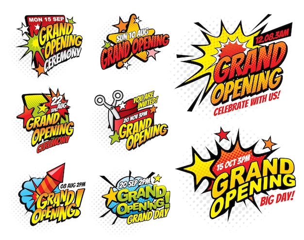 grand opening halftone comic bubble icons