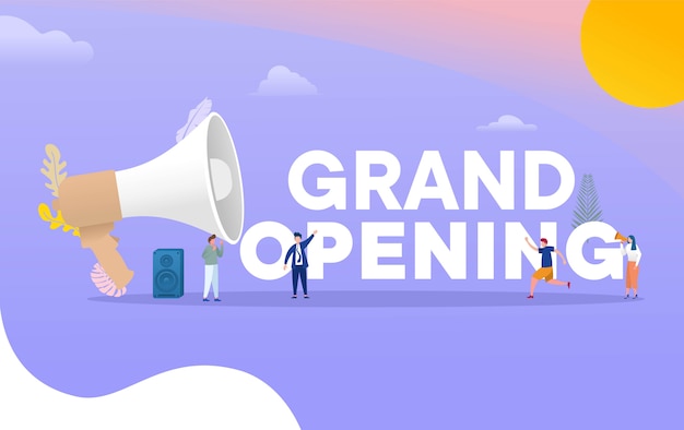 Vector grand opening  illustration concept, with people shout out with big megaphone , wallpaper