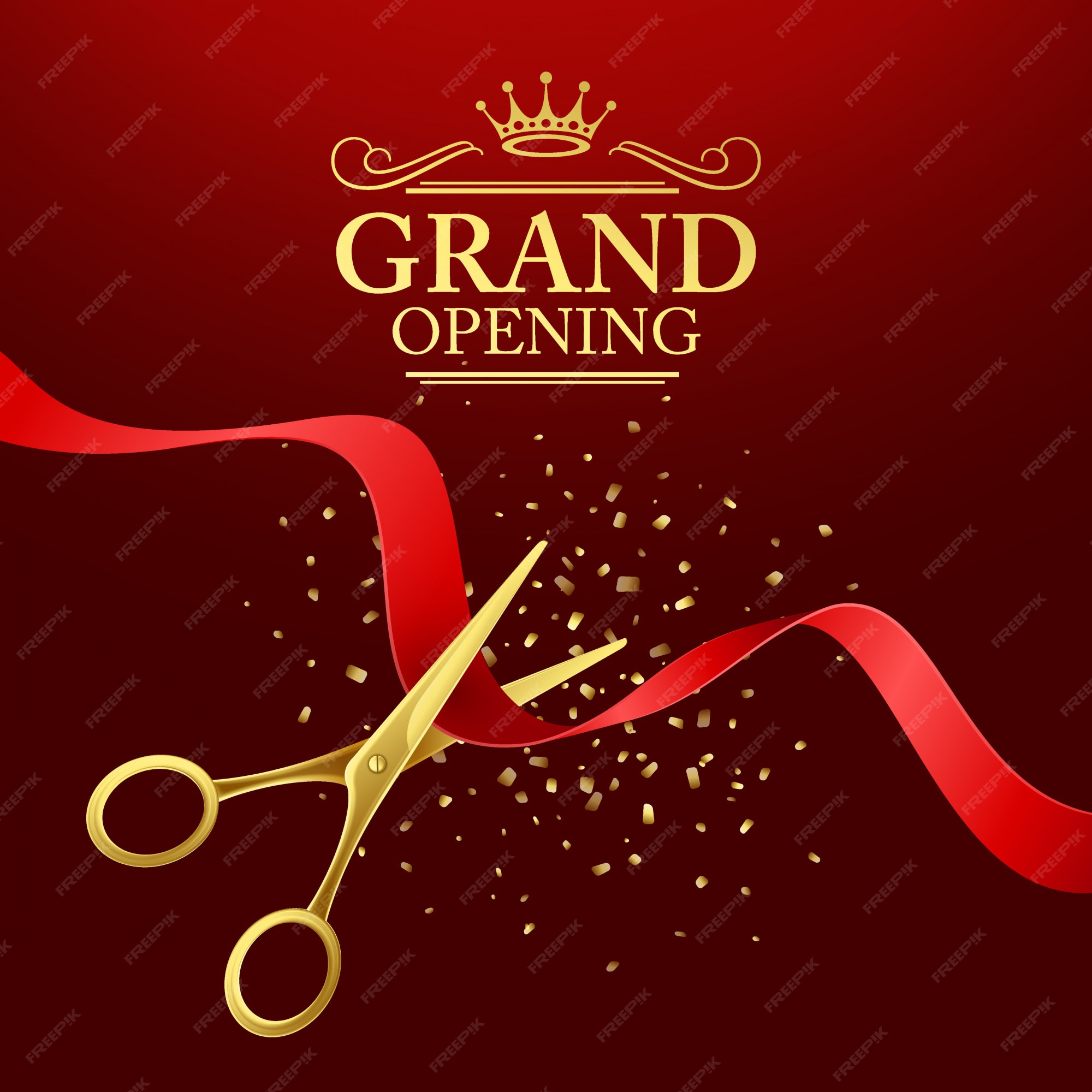 Grand Opening Text Vector Red Ribbon Scissors Design, Grand