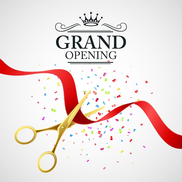 Grand opening illustration with red ribbon and gold scissors