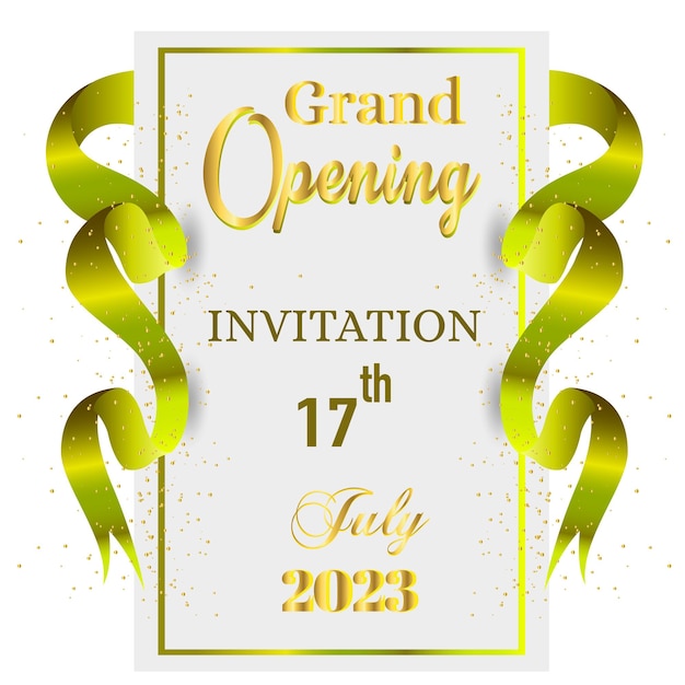 Grand opening Invitation 17th July with confetti and green ribbon