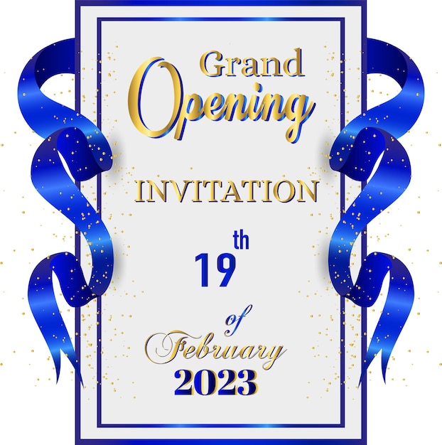 Vector grand opening invitation 19th february with ribbon and confetti