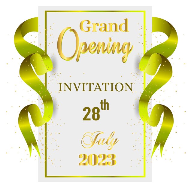 Vector grand opening invitation 28th july with confetti and green ribbon