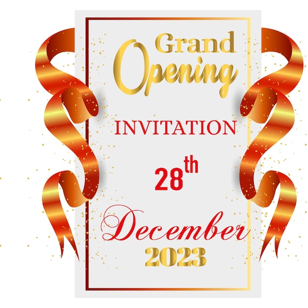 Vector grand opening invitation 29th december with confetti and orange ribbon