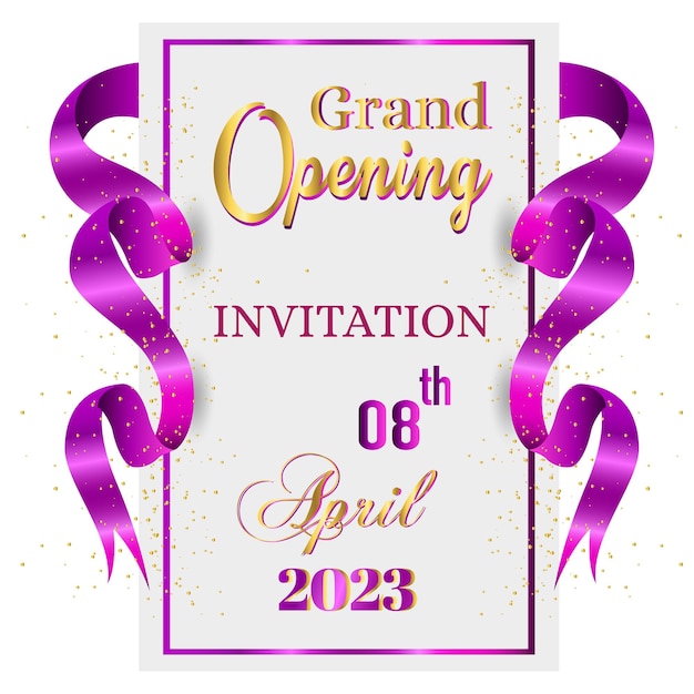 Vector grand opening invitation 8th april with ribbon and confetti