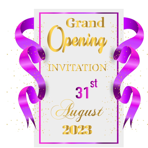 Vector grand opening invitation  august with confetti and purple ribbon