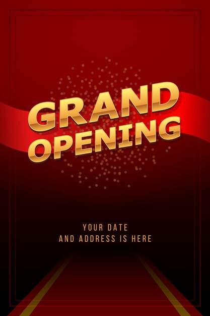 Vector grand opening invitation concept. luxury design. gold glitter letters on abstract background with red carpet, light effect and confetti. applicable for banner, flyer, presentation and poster design.