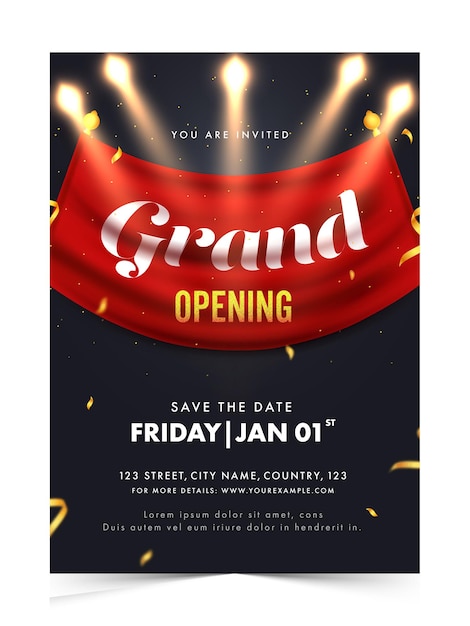 Vector grand opening invitation, flyer design with event details