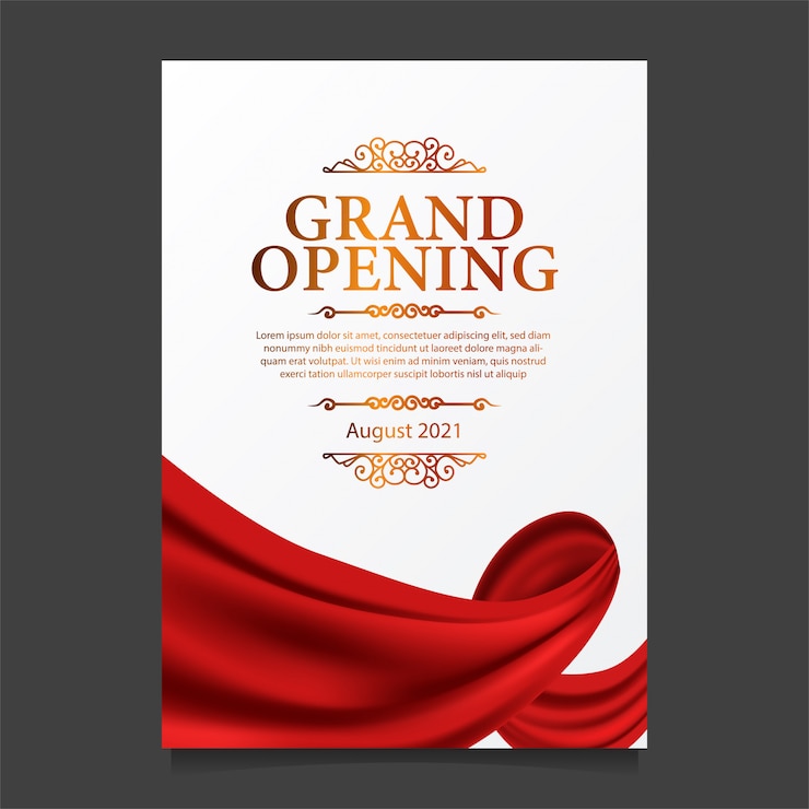 Vector grand opening kaartsjabloon met illustratie van rode gordijnzijde