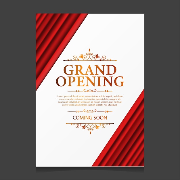 Grand opening kaartsjabloon met illustratie van rode gordijnzijde