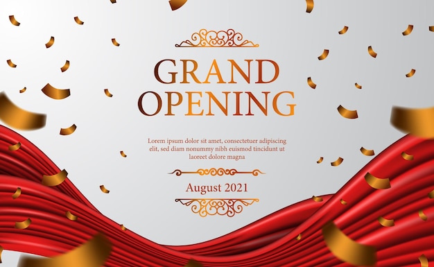 Vector grand opening luxury with classic 3d ribbon silk cloth curtain for ceremony with white background and poster confetti banner