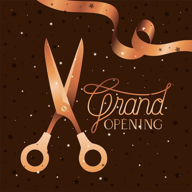 Vector grand opening message with scissors cutting golden tape