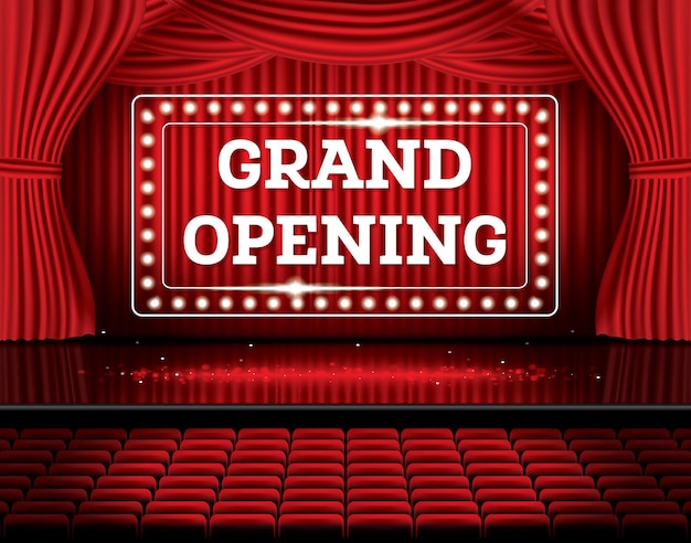 グランドオープン。ネオンライトで赤いカーテンを開きます。ベクトルイラスト。劇場、オペラ、映画のシーン。