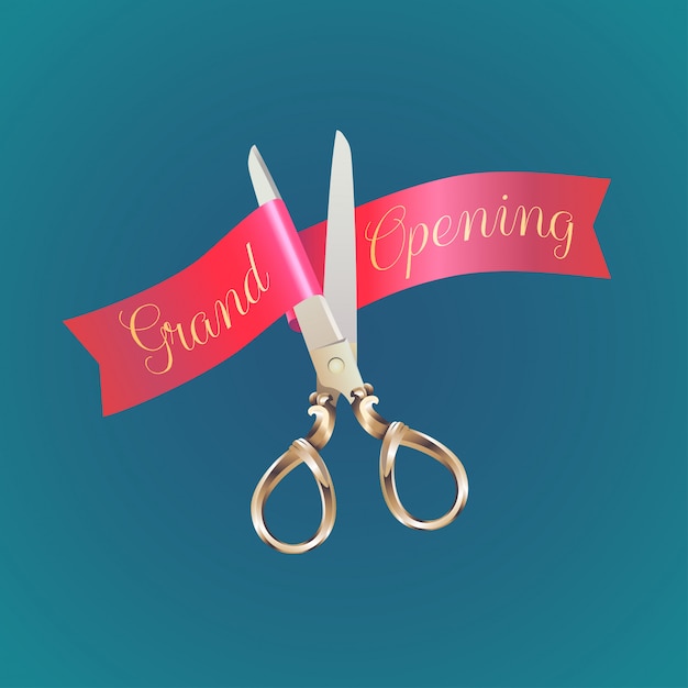 Grand opening, opening soon banner, illustration, flyer, poster. nonstandard design element for scissors and red ribbon cutting for opening ceremony