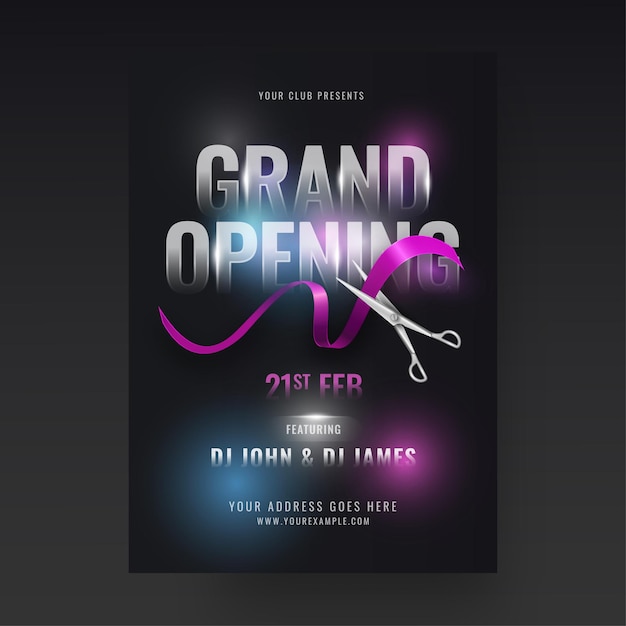 Design flyer grand opening party con forbici che tagliano il nastro