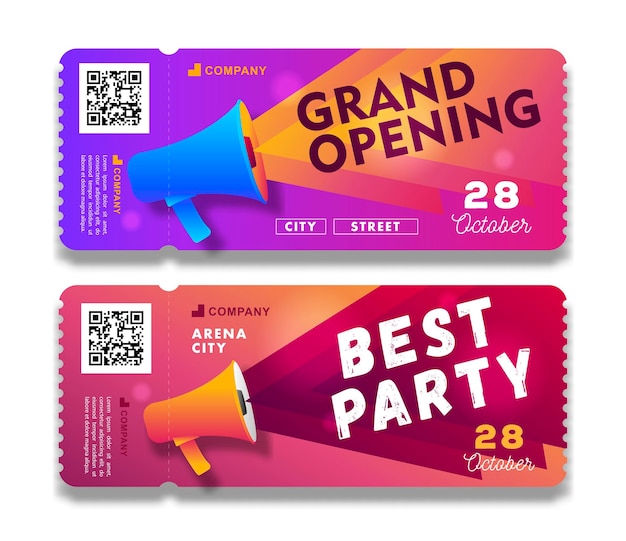 Vector grand opening and party invitation tearoff flyer templates with megaphone illustration