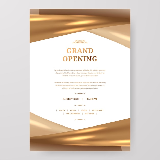 Vector grand opening party poster invitation elegant luxury with golden swirl satin silk shiny glossy texture