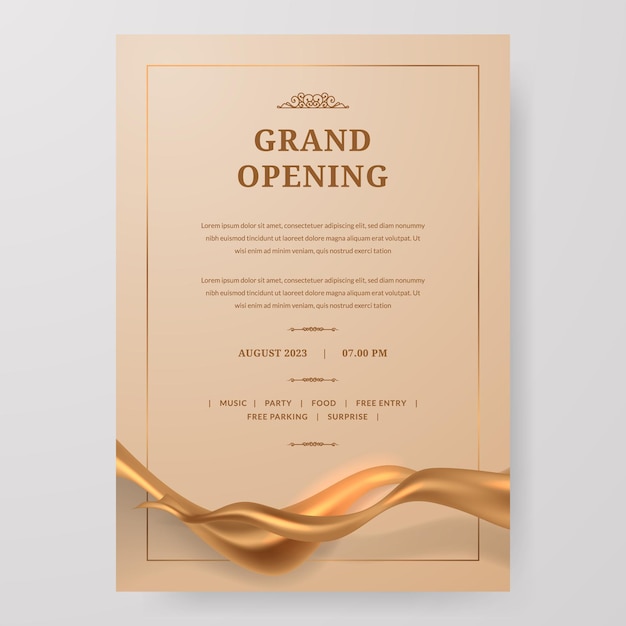 Celebrazione del poster di grande apertura con decorazione di elementi in nastro di seta oro satinato in tessuto dorato per vip elegante di lusso