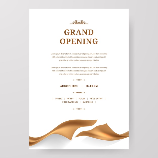 Grand Opening poster celebration with golden fabric satin gold silk ribbon element decoration for luxury elegant vip