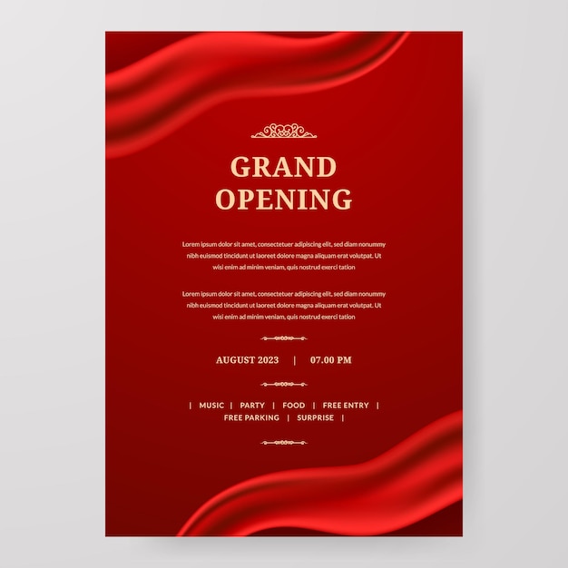 豪華でエレガントなvipロイヤルのための赤い布サテンシルクリボン要素装飾によるグランドオープンポスターのお祝い