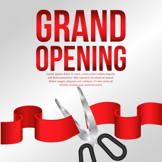 Grand opening poster event with red ribbon cutting