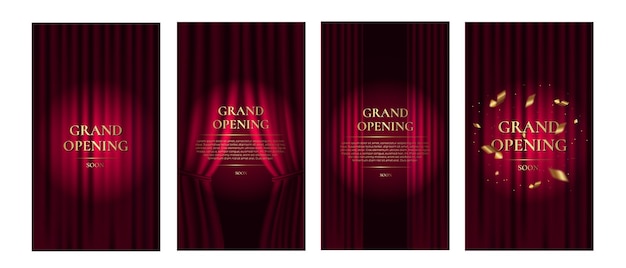 Vector grand opening premium vertical banner set with red curtain and golden text vector illustrationx9
