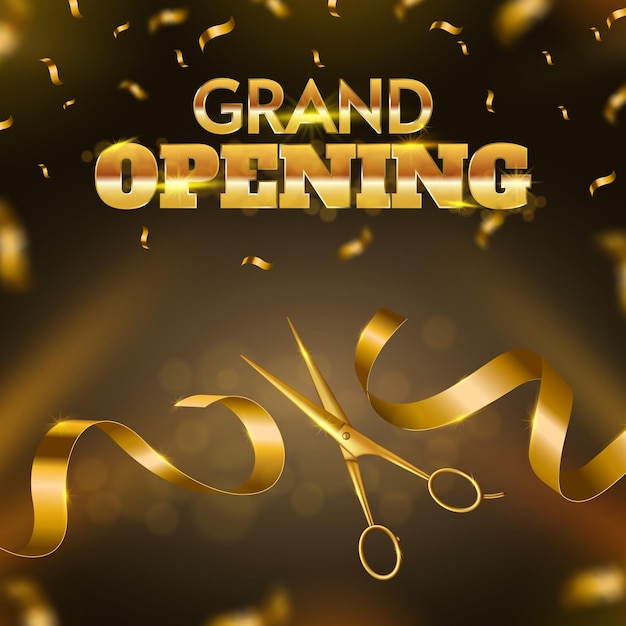 Grand opening ribbon cutting ceremony golden scissors cut ribbon launching of new business luxury celebration event vector banner illustration