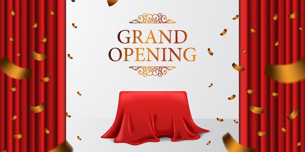 Grand opening royal elegante sorpresa con tenda in tessuto di raso e scatola di copertura e coriandoli dorati con sfondo bianco