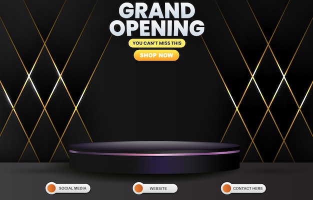 Grand opening sale template banner with blank space 3d podium for product sale with abstract gradient black and golden background design